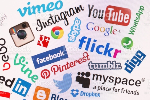 BELCHATOW, POLAND - DECEMBER 28, 2014: Popular social media website logos on computer screen